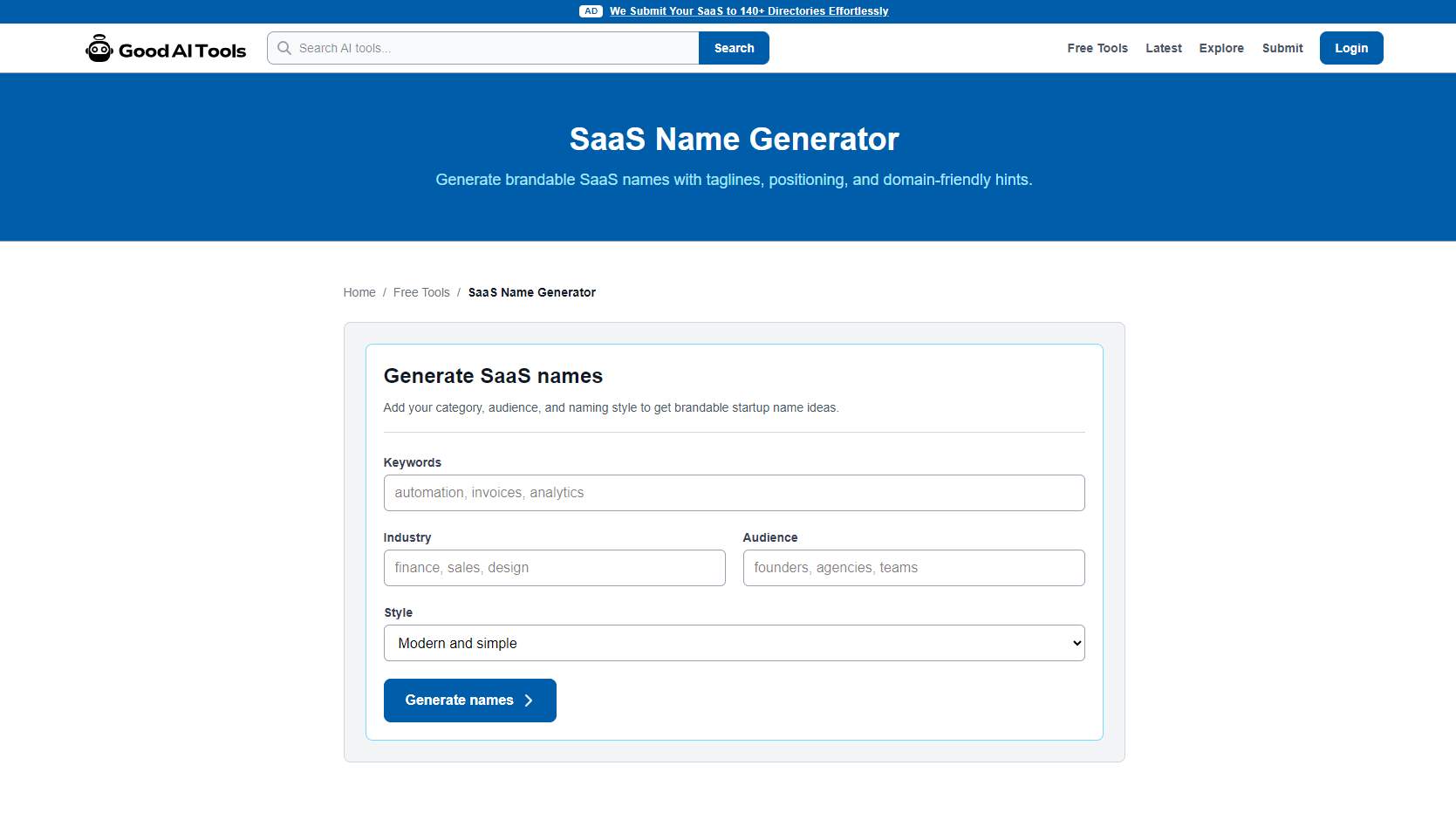 SaaS Name Generator product preview