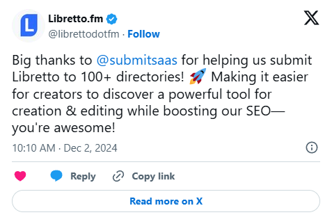 Customer testimonial from @librettodotfm about SubmitSaaS directory submission service