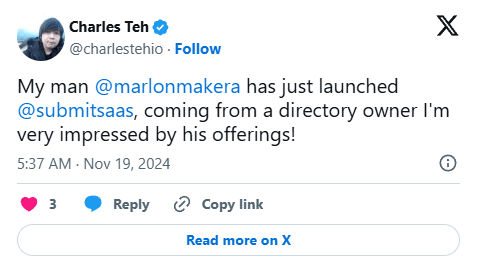 Customer testimonial from @charlestehio about SubmitSaaS directory submission service