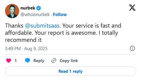 Customer testimonial from @whoisnurbek about SubmitSaaS directory submission service