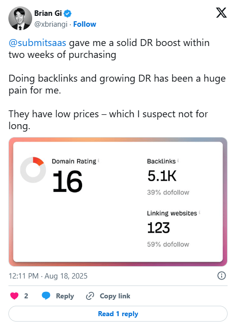 Customer testimonial from @xbriangi about SubmitSaaS directory submission service
