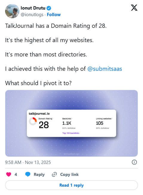 Customer testimonial from @ionutlogs about SubmitSaaS directory submission service