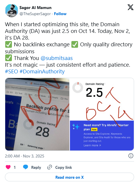 Customer testimonial from @TheSuperSagor about SubmitSaaS directory submission service